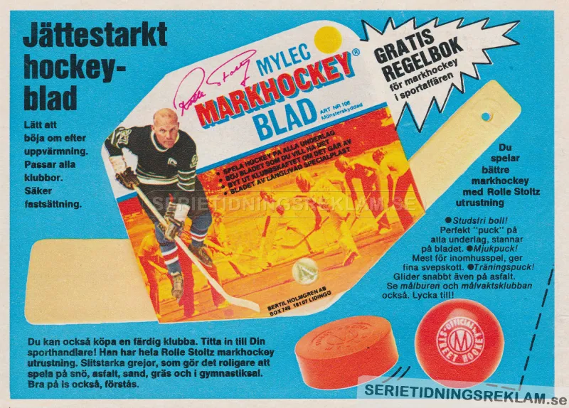 Annons för markhockeyblad där Rolle Stoltz gör reklam för produkten