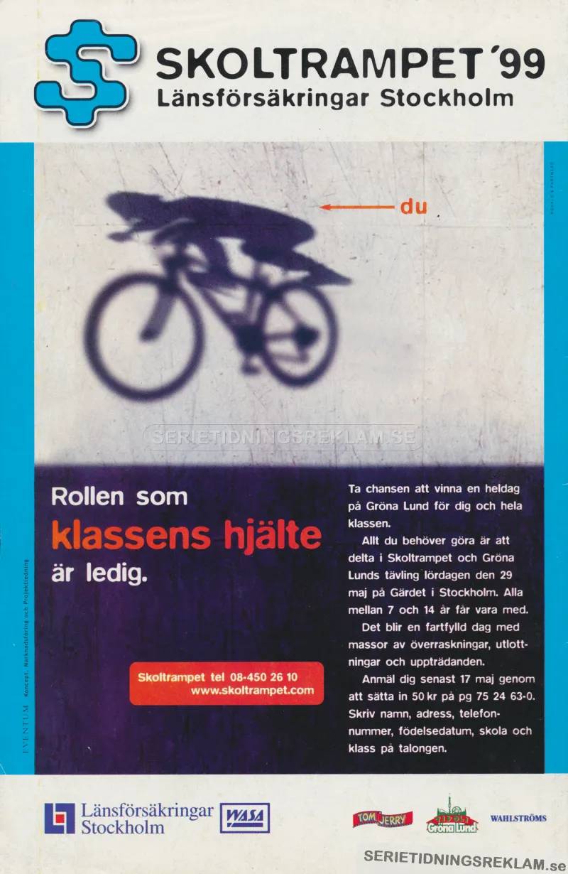 Reklam för en tävling där man kan vinna en heldag på Gröna Lund via cykeltävlingen Skoltrampet