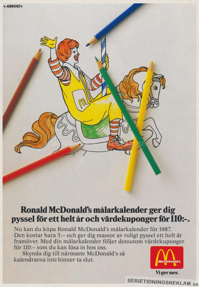 Reklam för Ronald McDonalds målarkalender som ger dig rabattkuponger och pyssel för ett helt år 