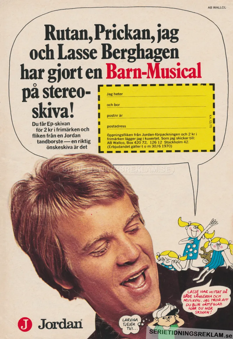 Reklam för tandkräm från Jordan där Lasse Berghagen har skrivit sånger om Rutan och Prickan