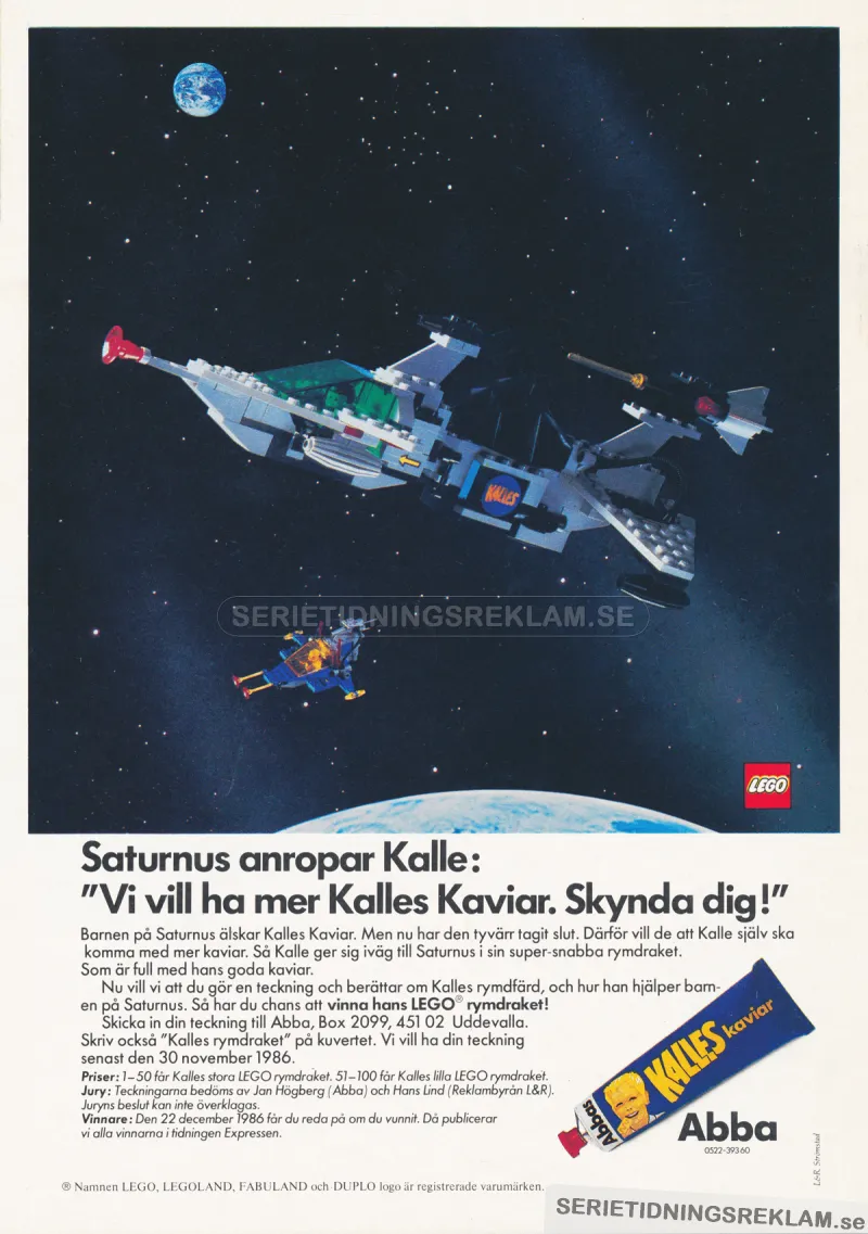 Kombinerad reklam för LEGO och Kalles Kaviar där barnen på Saturnus vill ha mer Kalles Kaviar