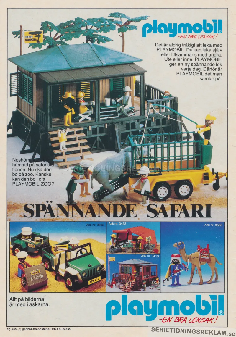 Annons med uppbyggd safaristuga från Playmobil och byggsatser med allehanda tropiska djur