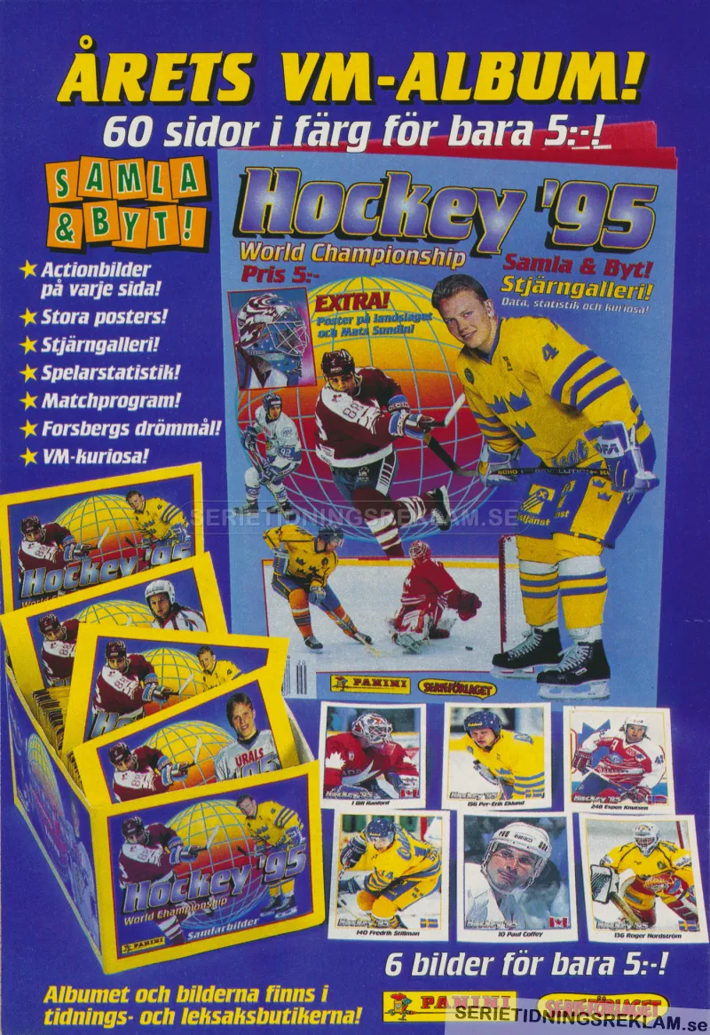 Reklam för samlaralbum från Panini som här handlar om ishockey, 1995.