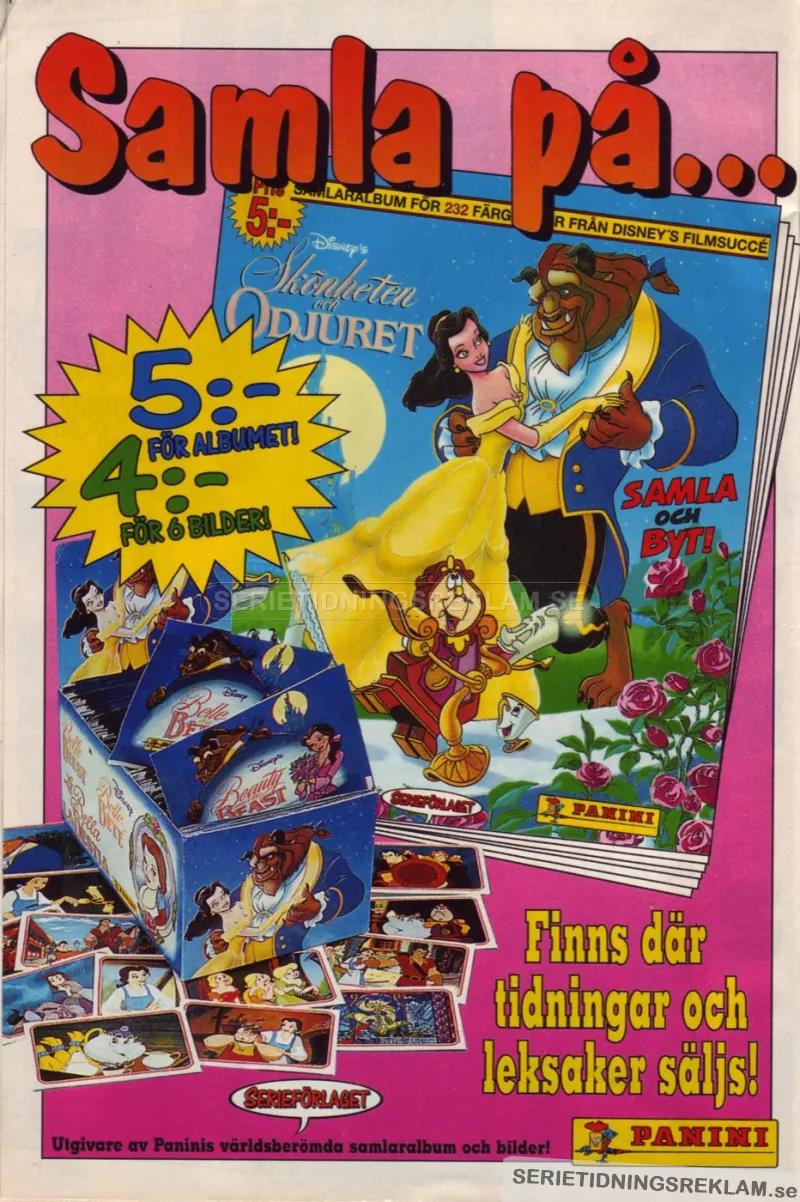 Reklam för Panini samlarbilder med motiv ifrån Disney-filmen Skönheten och Odjuret