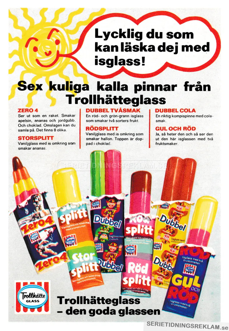 Reklam från Trollhätteglass som visar upp sex stycken olika isglassar från sortimentet