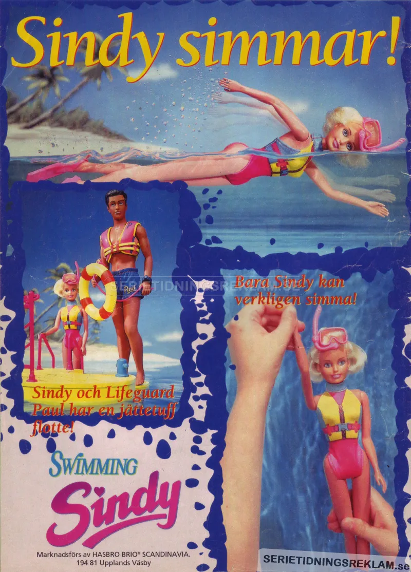 Annons för leksaken Sindy som i den senaste utformningen kan simma