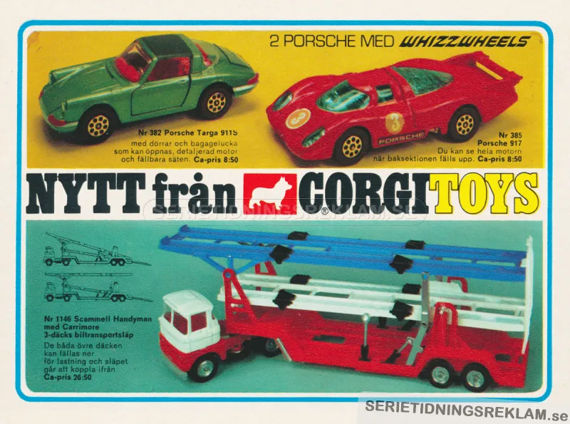 Reklam för leksaksbilar från Corgi Toys med bl.a. en grön Porsche på bild