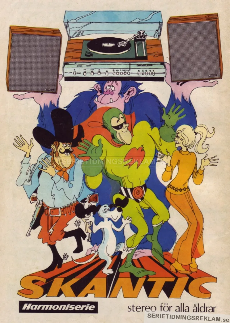 Illustration av fyra udda figurer (cowboy, superhjälte, tjej, gorilla) samt en hund som lyfter upp stereo av märket Skantic
