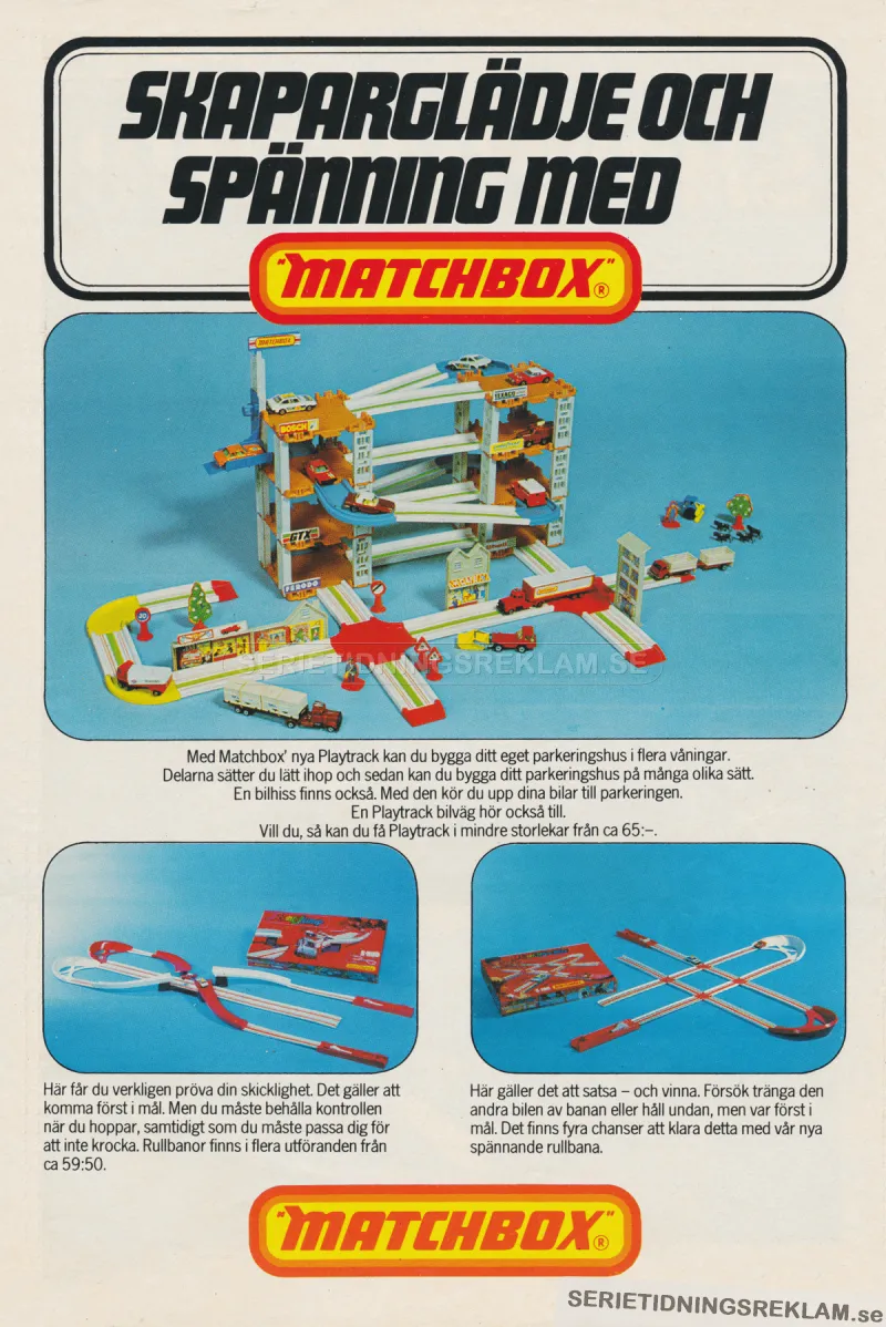 Reklam för Matchbox som visar upp ett stort parkeringshus med deras leksaksbilar