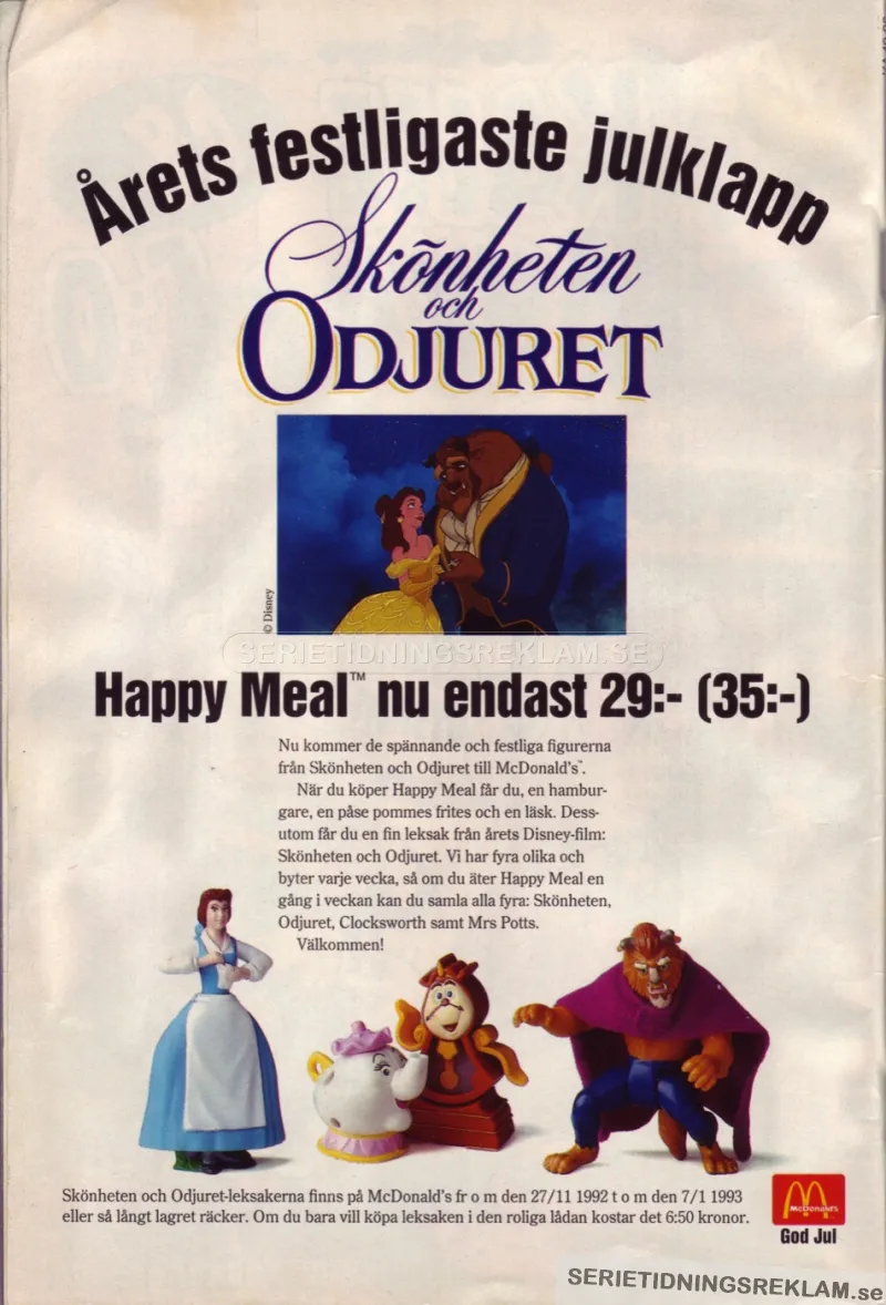 Reklam för Happy Meal från McDonald's där man får leksaker från Disney-filmen Skönheten och Odjuret med på köpet