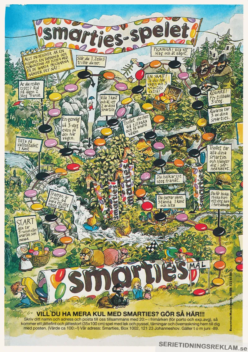 Reklam för en brädspel baserat på godiset Smarties, illustrerad av Sven Nordqvist