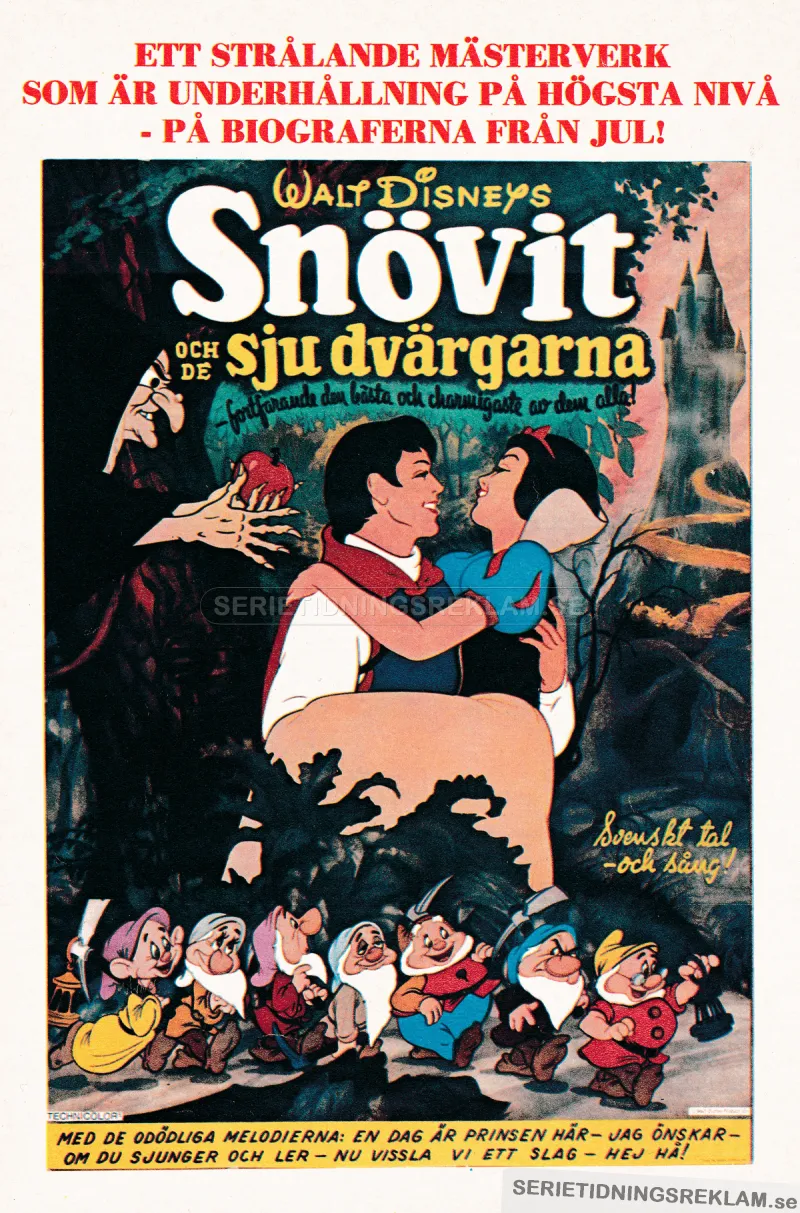 Reklam för Walt Disney-filmen Snövit som går på bio 1973
