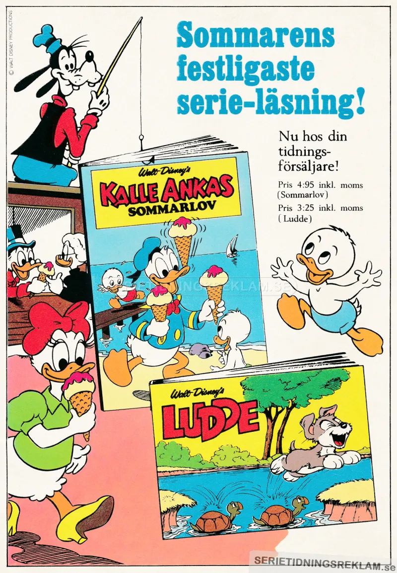 Annons som visar upp ett gäng Disney-album som finns att köpa i sommartiden 1970