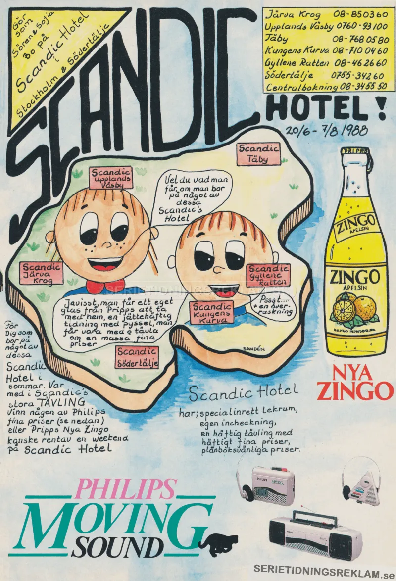 Handritad reklam för Scandic Hotels med kopplingar till Zingo och Philips Moving Sound