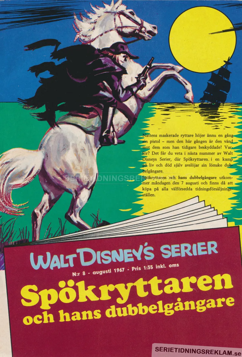 Reklam för serietidningen Walt Disneys Serier och numret som handlar om Spökryttaren och hans dubbelgångare
