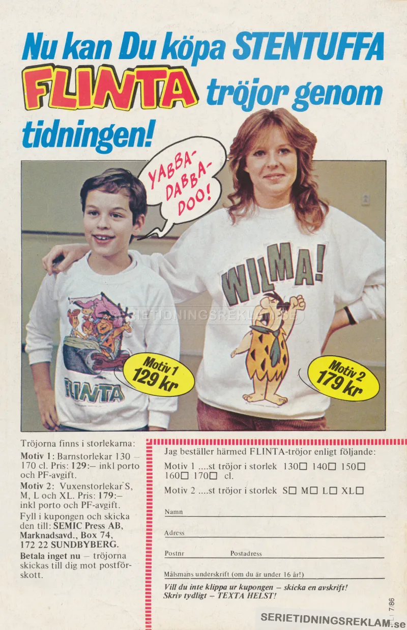 Reklam för kläder med Flinta-tryck som man kan köpa per postorder