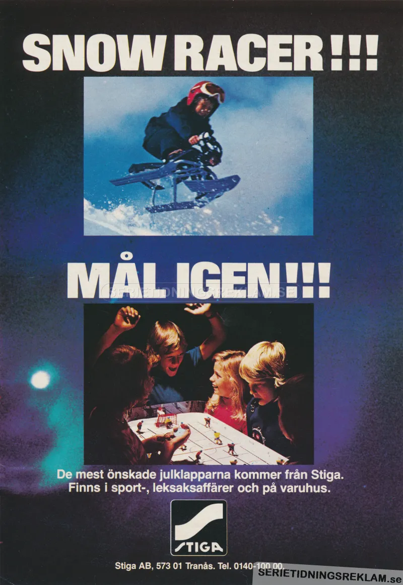 Reklam för Stiga ishockeyspel och Stiga Snow Racer