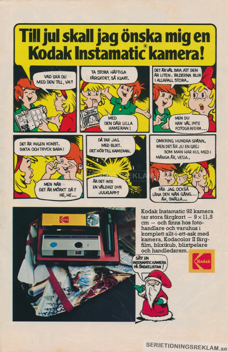 Reklam för Kodak Instamatic i serieform där en skeptisk flicka får information från en pojke om hur bra Kodaks Instamatic-kamera är
