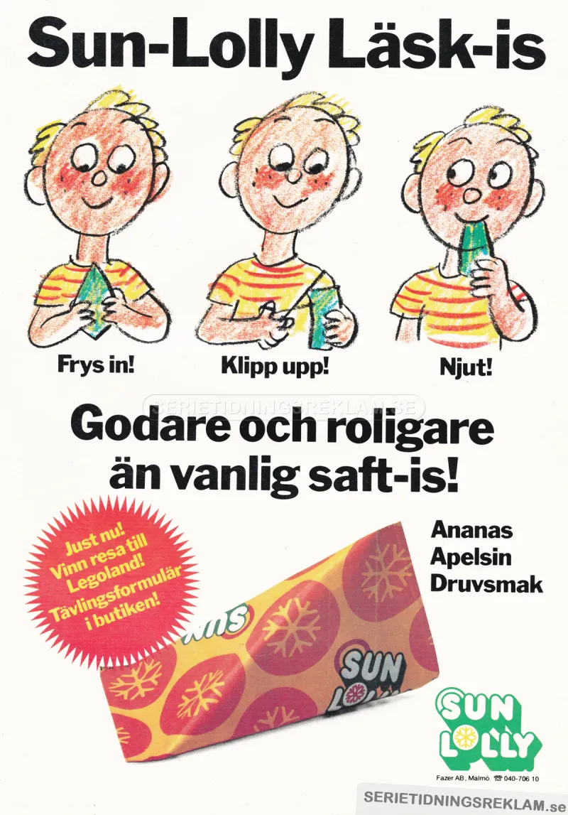 Reklam för isglassen Sun Lolly som man själv fryser in och äter