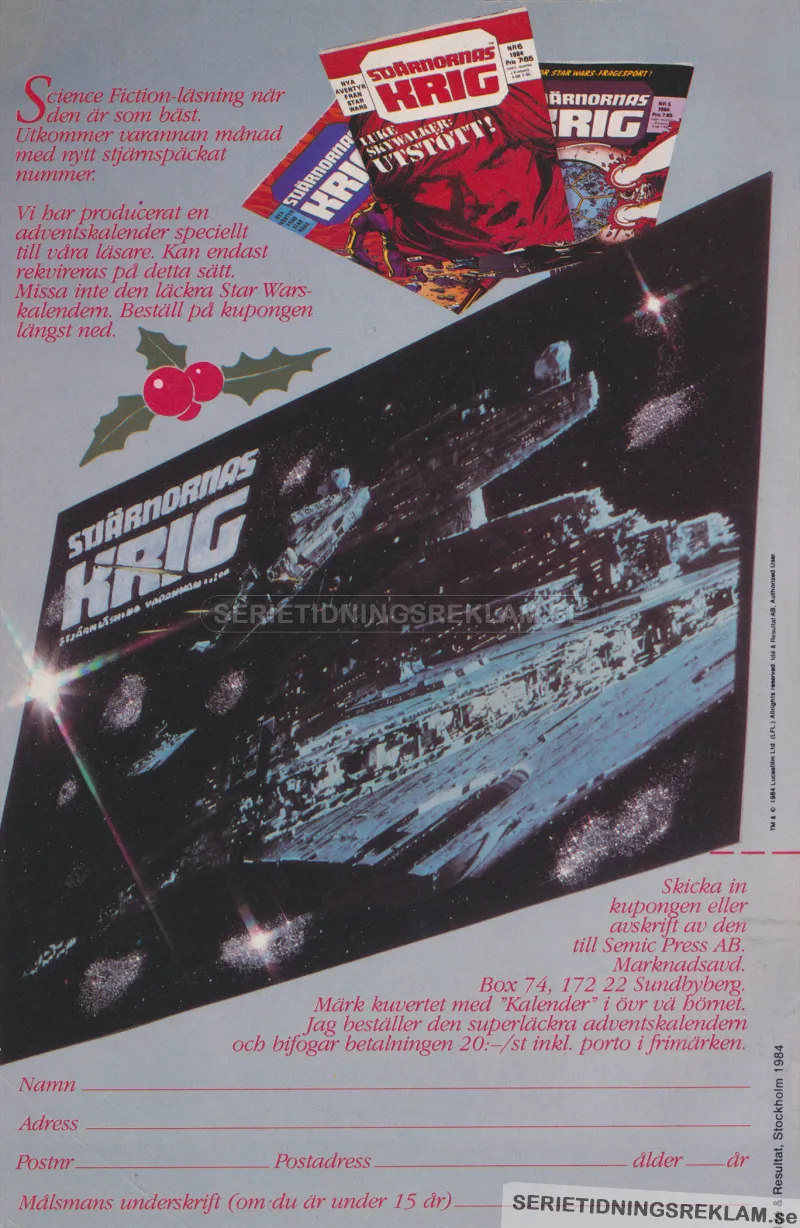 Reklam för en adventskalender med motiv från Star Wars som man kunde skicka efter 1984