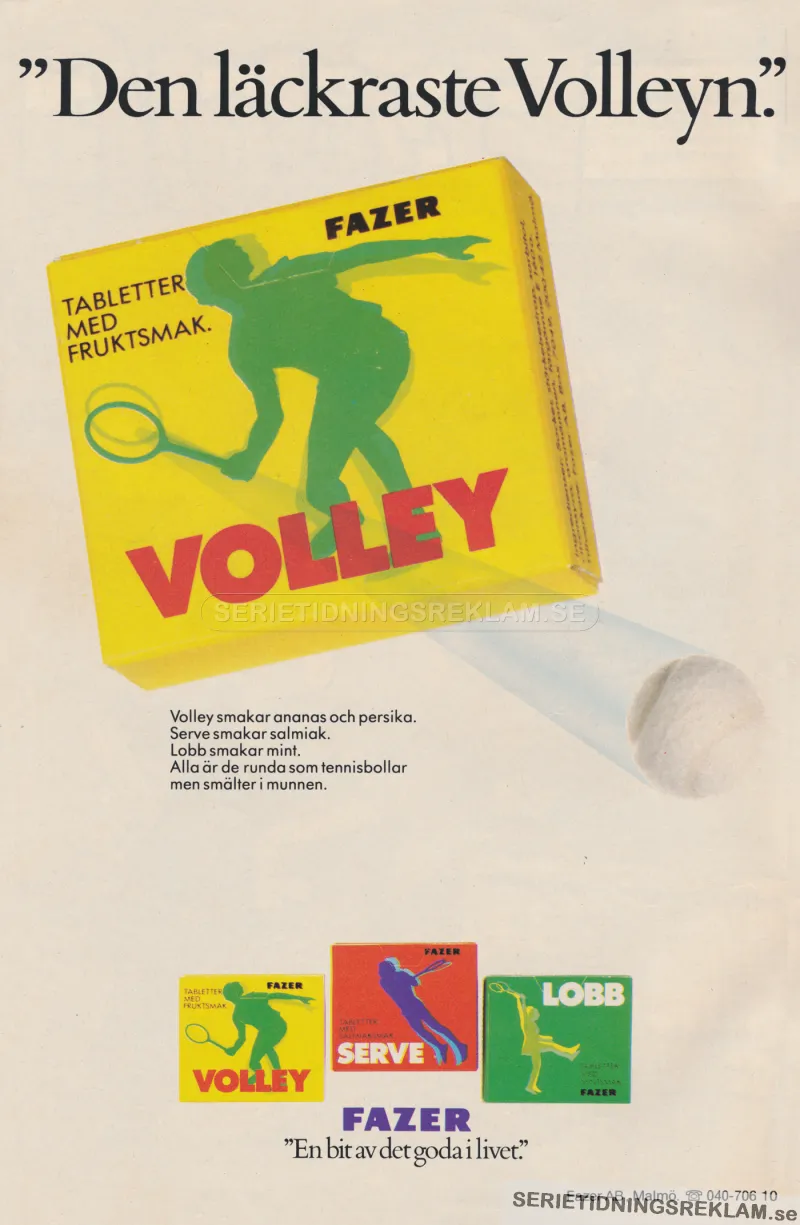 Annons för Fazers tablettaskar Volley, Serve och Lobb från 1983