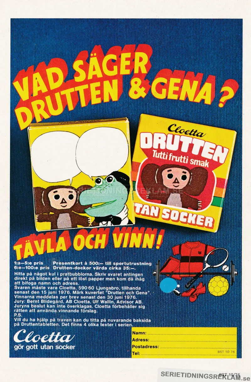 Reklam för en tävling med godiset Drutten & Gena