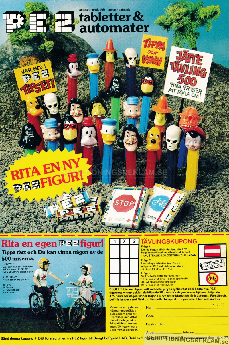 Reklam för godiset PEZ med en mängd PEZ-automater på en illlustrerande bild