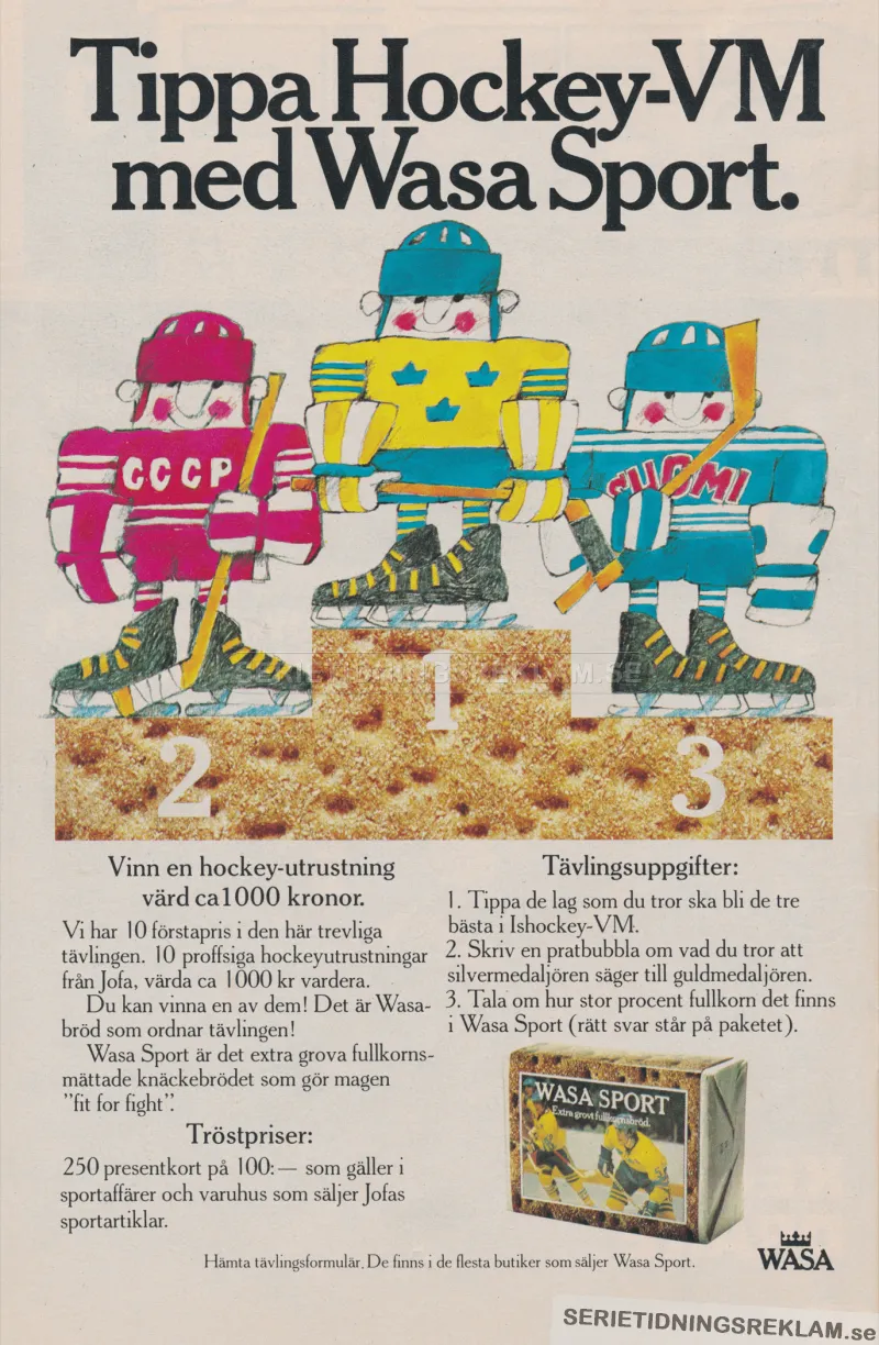Reklam för en tävling med Wasa knäckebröd om att tippa vinnarna i hockey-VM 1977