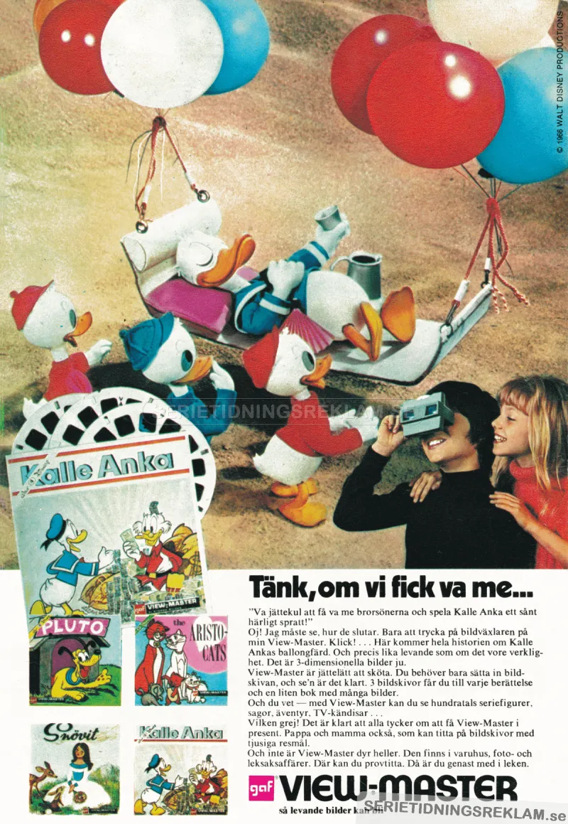 Reklam för View-Master och skivor med bland andra Kalle Anka och Pluto
