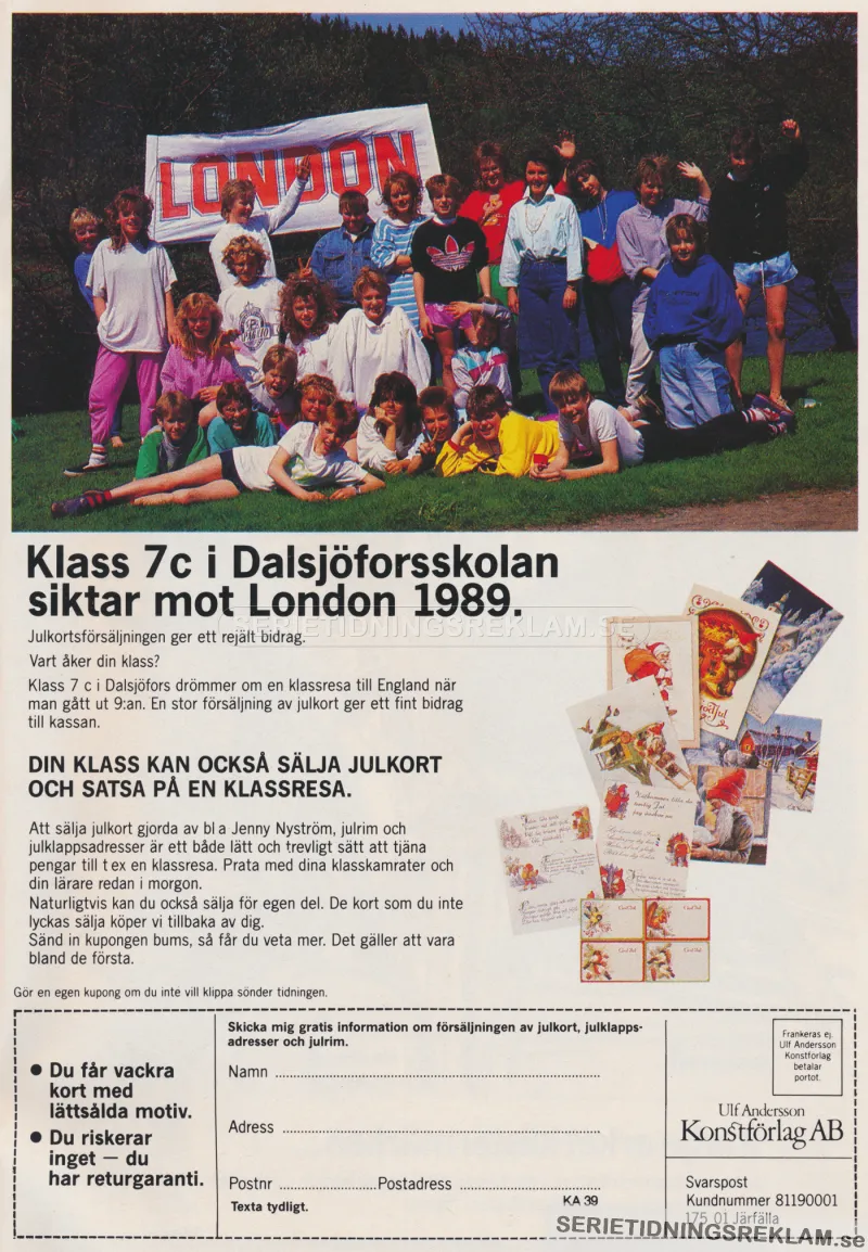 Annons för Ulf Andersson Konstförlag som gav skolklasser möjligheter att sälja julkort och tjäna pengar