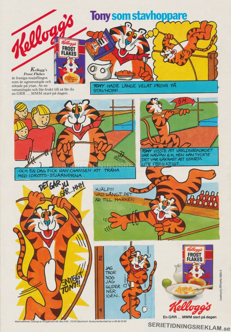 Reklam i serieformat för frukostflingorna Frost Flakes där maskoten Tony Tiger ska hoppa stavhopp