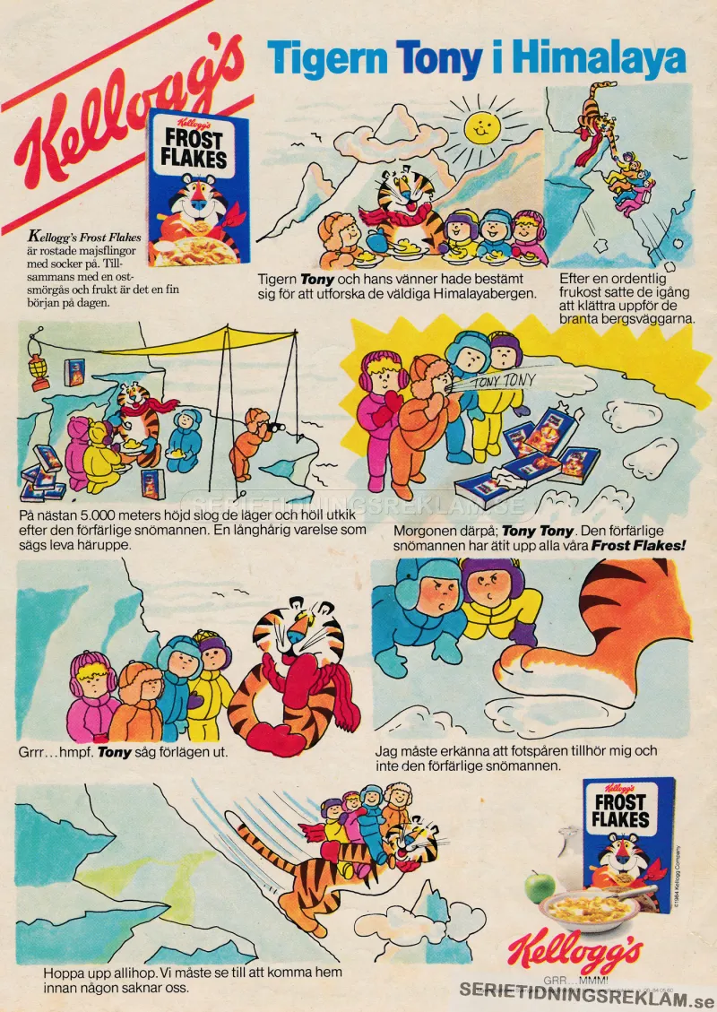 Reklam i serieformat för produkten Frost Flakes från Kelloggs där Tony Tiger befinner sig i Himalaya