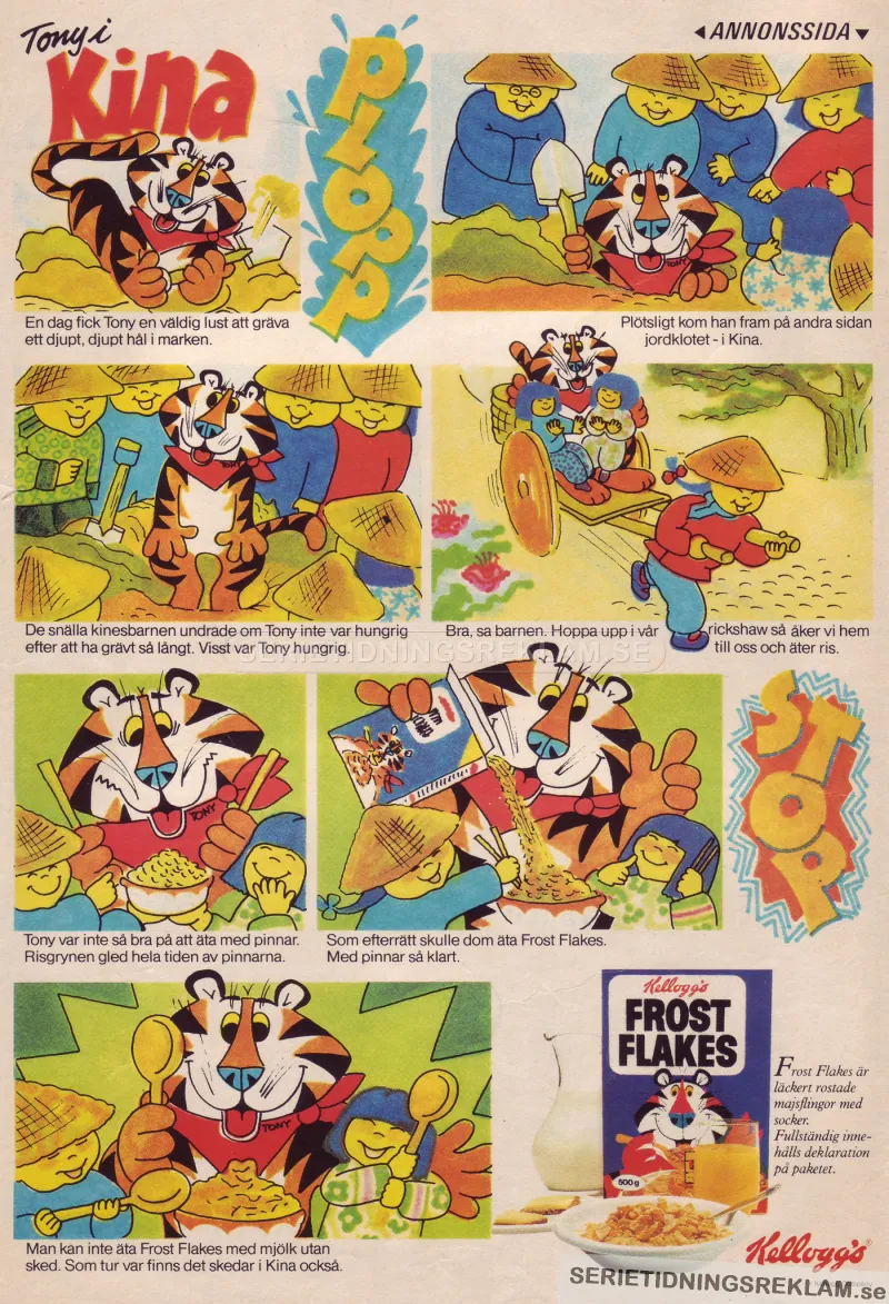 Reklam för frukostflingan Kelloggs Frosties där Tony Tiger har grävt ett djupt hål och kommit upp i Kina