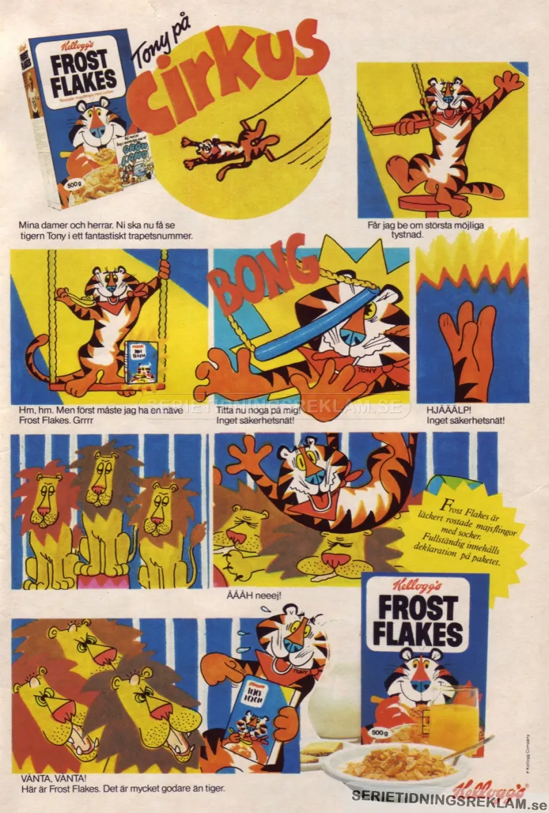 Annons där Tony Tiger gör sig illa på cirkus