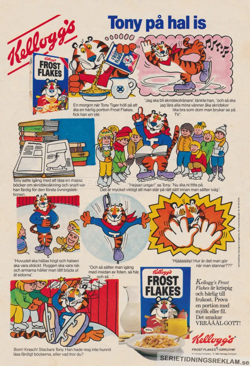 Annons för flingsorten Frost flakes där maskoten Tony Tiger åker skridskor med ett gäng barn