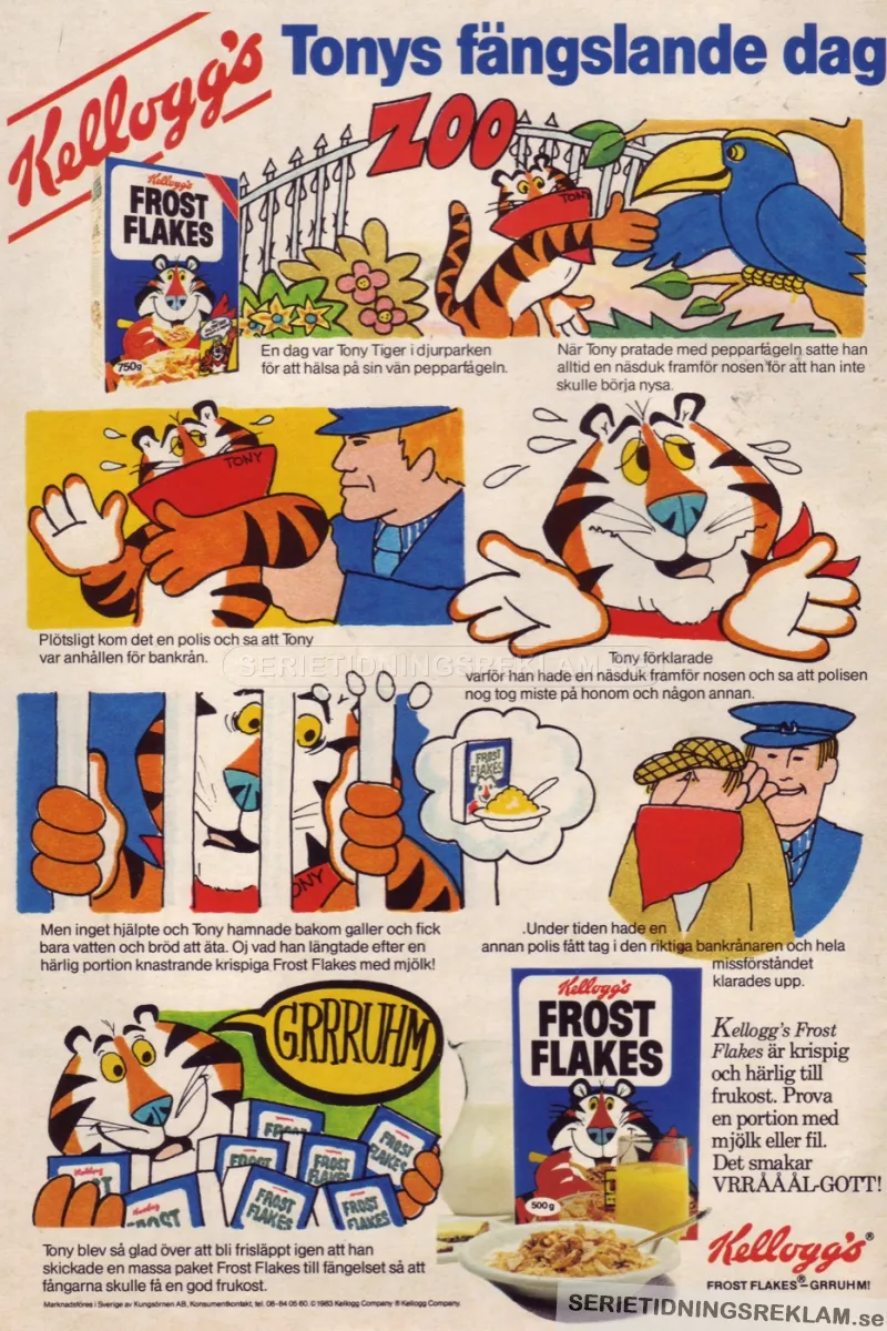 Reklam för Kellogg's Frost Flakes med en seriestrip där Tony Tiger möter en speciell pepparfågel