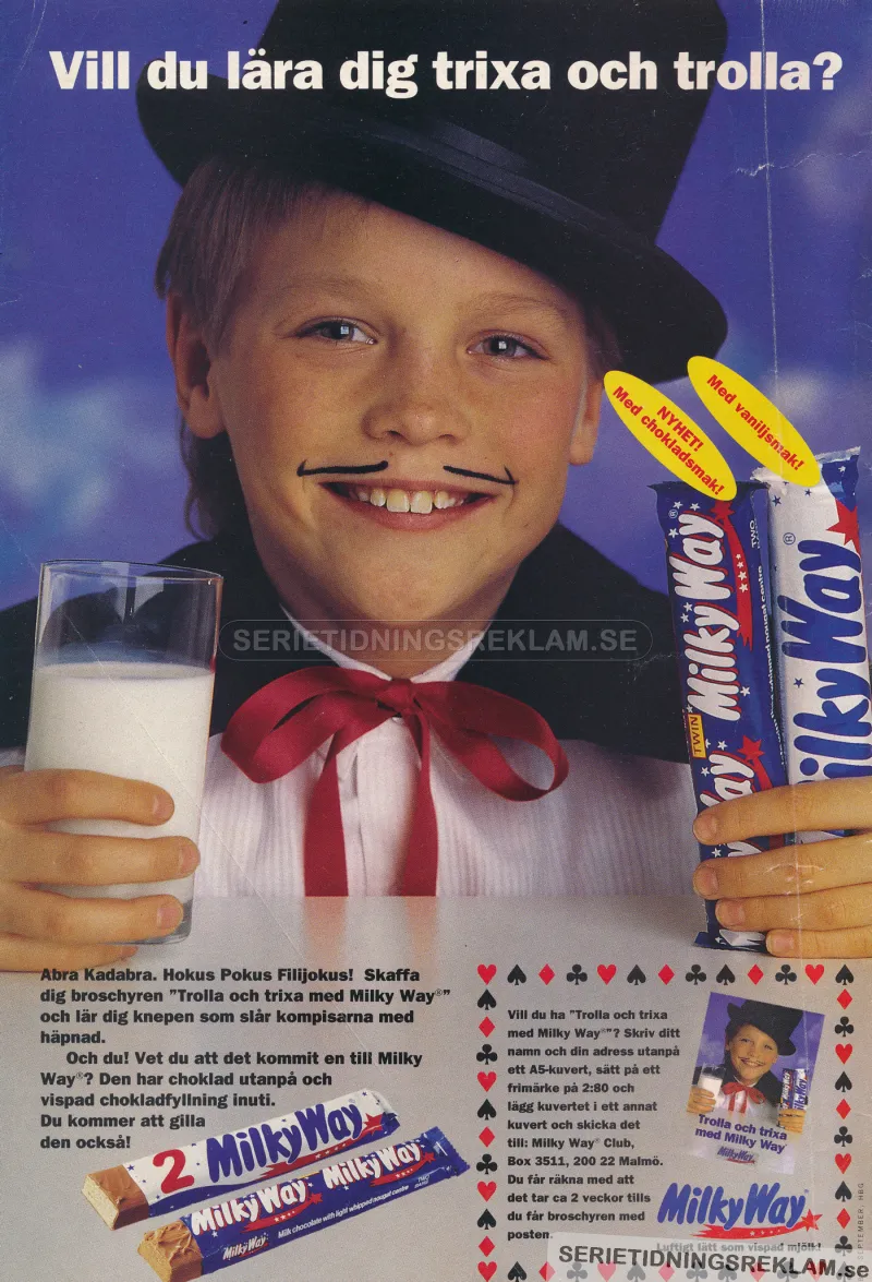 Annons för Milky Way med en pojke utklädd till trollkarl