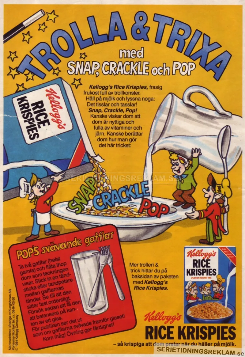 Rice Crispies maskotar Snap, Crackle och Pop visar ett trick där du kan få två gafflar att hänga utanför ett glas på ett nästan magiskt vis