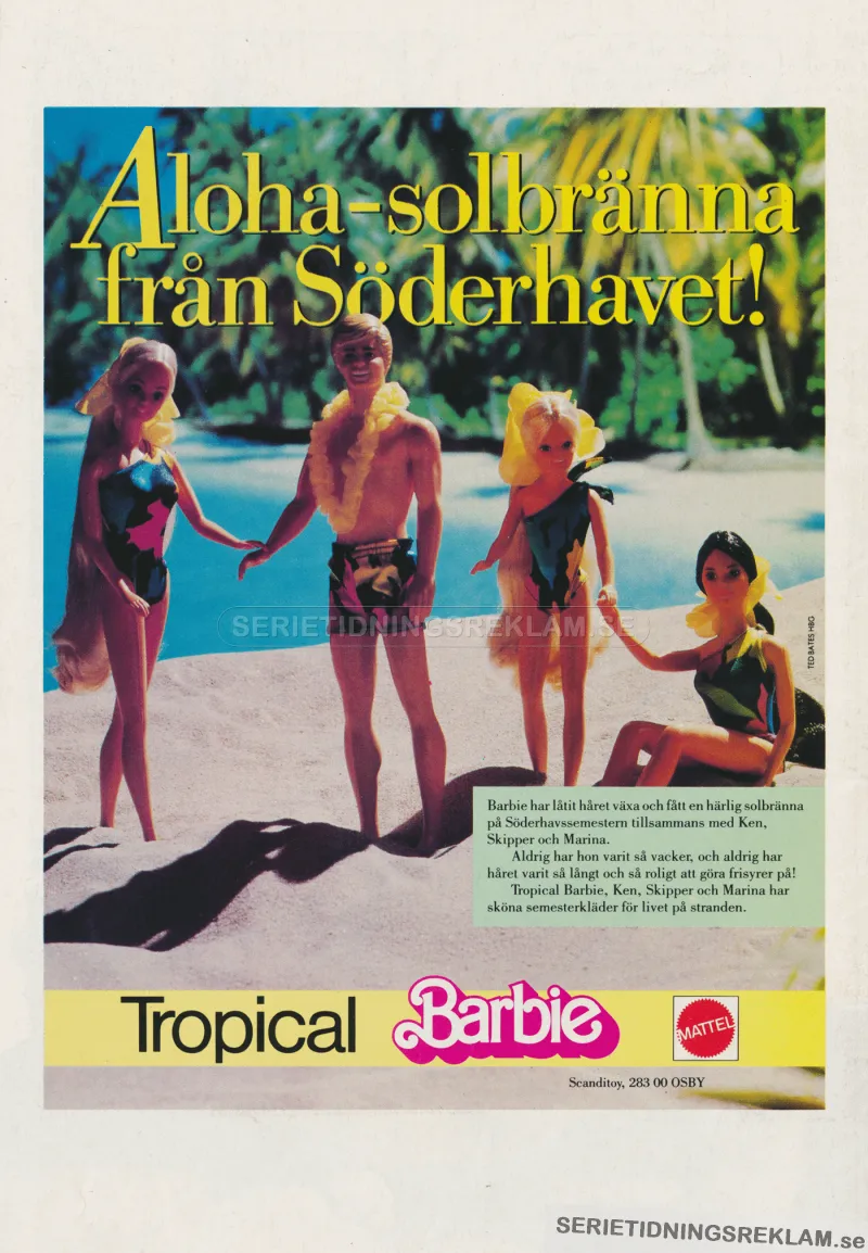 Rekalm för dockan Barbie som står uppställd tillsammans med Ken, Skipper och Marina på en söderhavsstrand