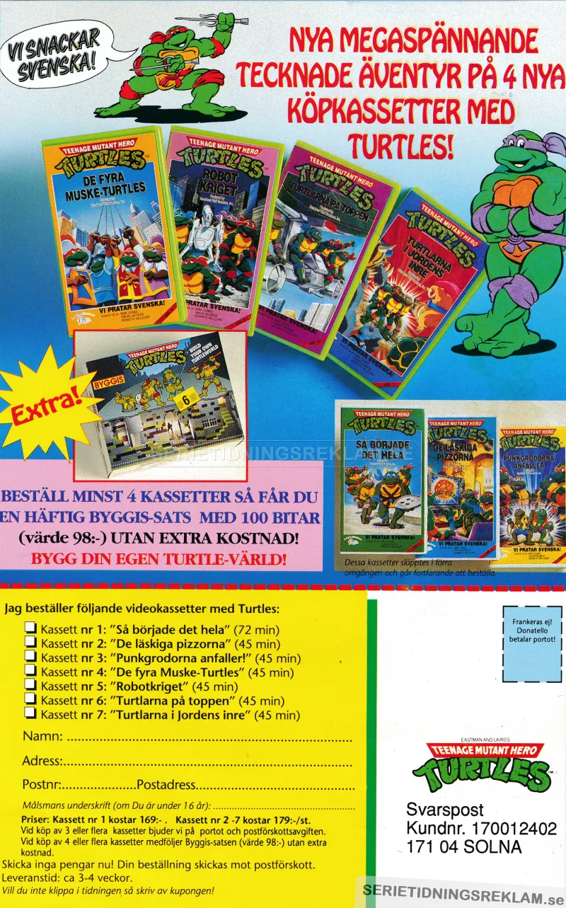 Reklam för VHS-kassetter med Teenage Mutant Hero Turtles