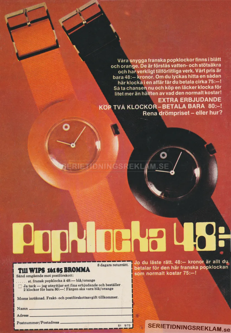 Reklam för popklocka, ett franskt armbandsur som ser verkligt poppigt ut och som man kan beställa via postorder