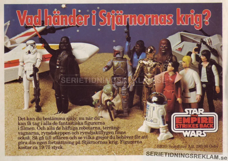 Reklam för leksaksfigurerna från Star Wars där Darth Vader och en stormtrooper är i underläge mot rebellernas nio figurer stora trupp med bland andra Luke Skywalker och Han Solo