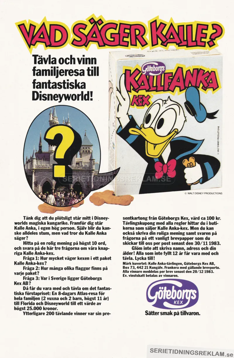 Reklam för en tävling med Göteborgskex där vinsten är en resa till Disneyworld i Florida