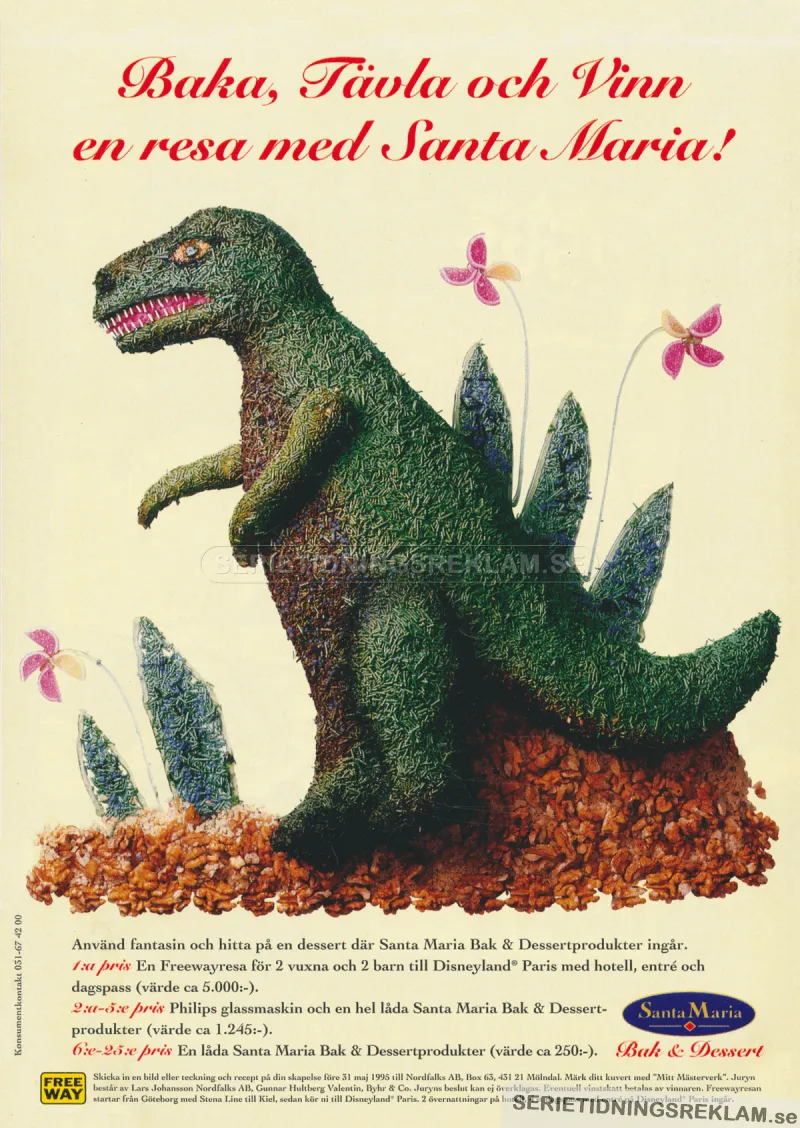 Reklam för bakprodukter från Santa Maria. Bilden visar ett bakverk i formen av en dinosaurie med strössel på.