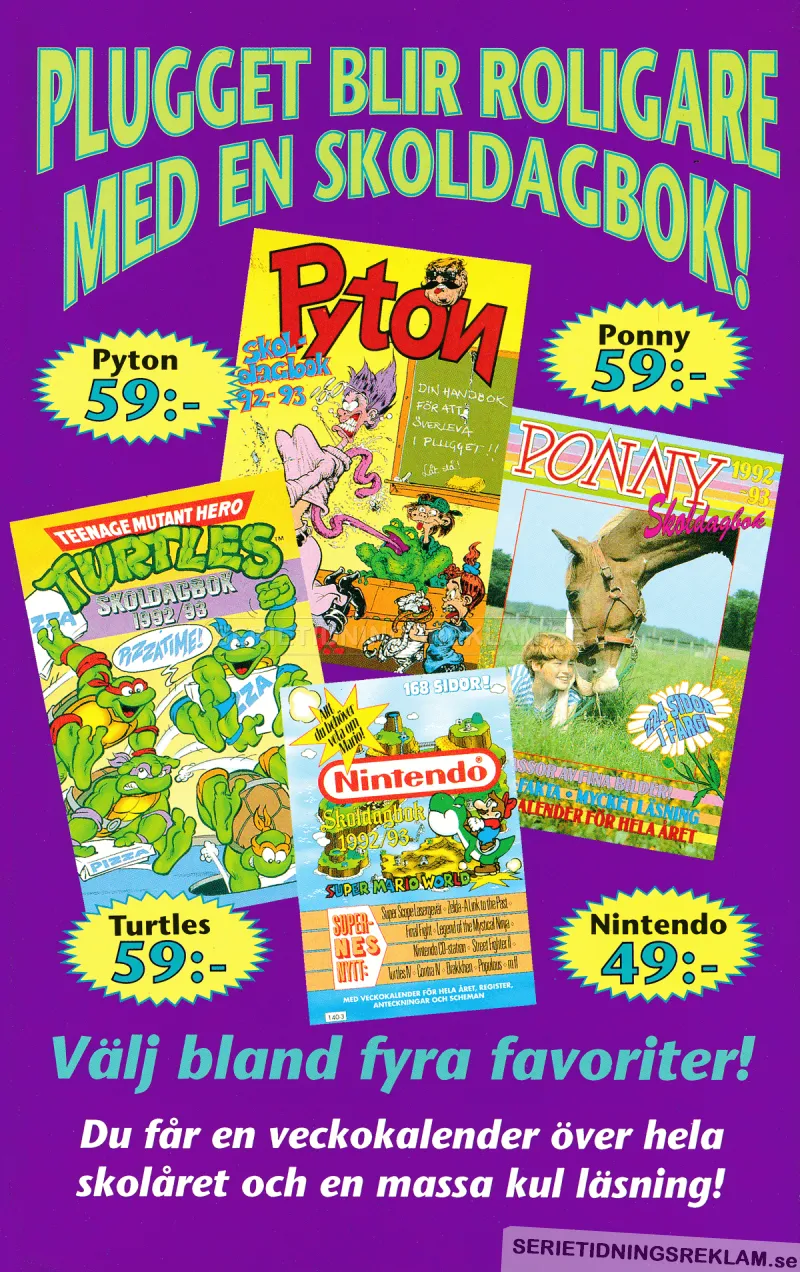 Reklam för fyra olika skoldagböcker med innehåll från bland annat Teenage Mutant Ninja Turtles och Nintendo