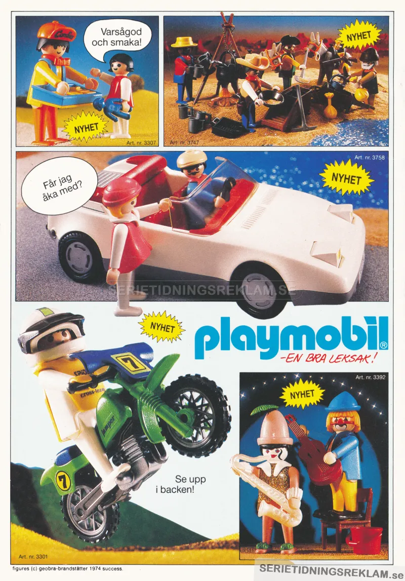Annons för leksaker från Playmobil med bland annat en bil och en motorcykel