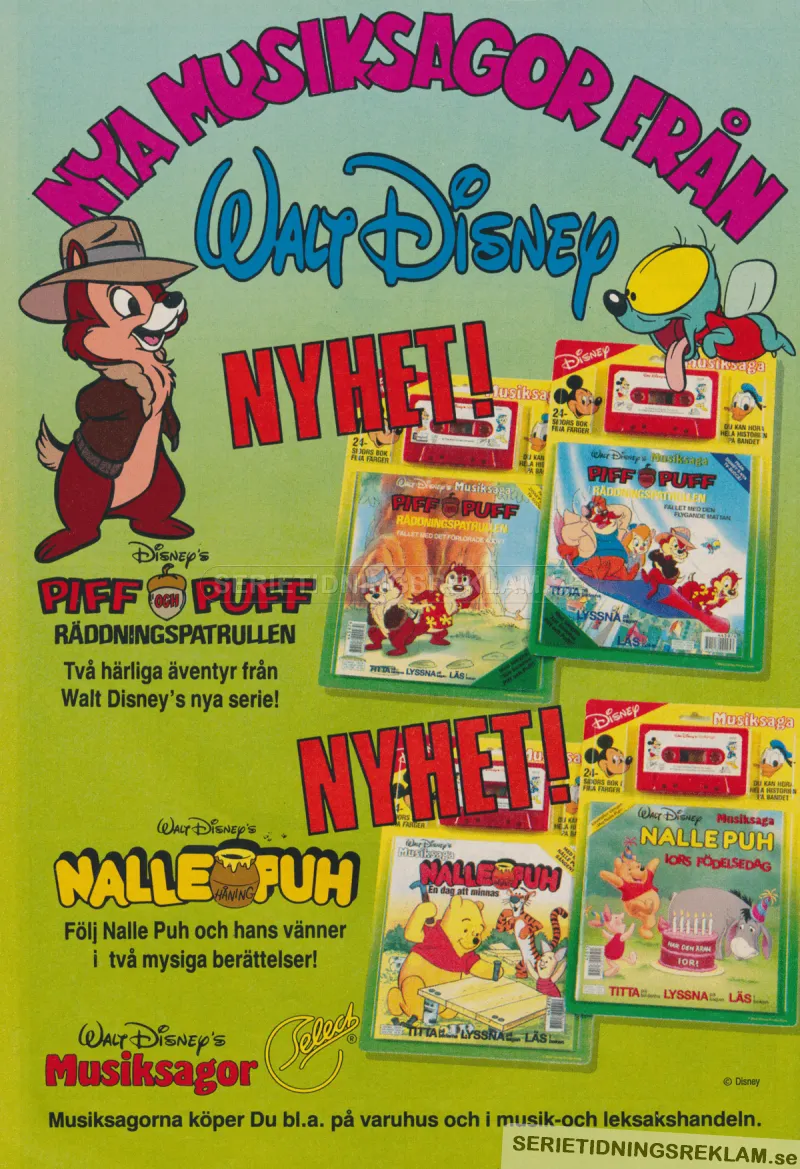 Reklam för nya musiksagor från Walt Disney med bland andra Räddningspatrullens Piff & Puff