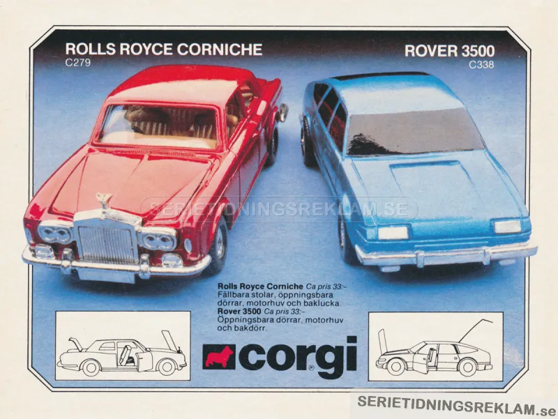 Annons med två nya leksaksbilar från Corgi Toys
