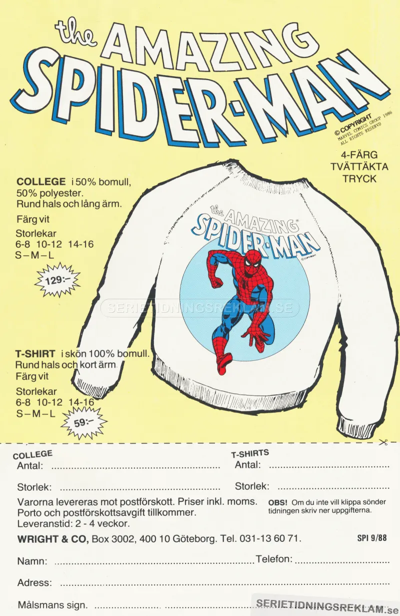 Reklam från Wright & Co som säljer tröjor med Spinderman-tryck