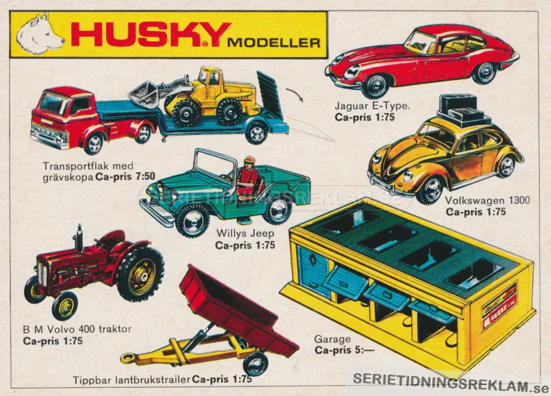 Reklam för sex nya modeller från Husky. Dessa är illustrerade tillsammans med ett garage från samma tillverkare, Husky.
